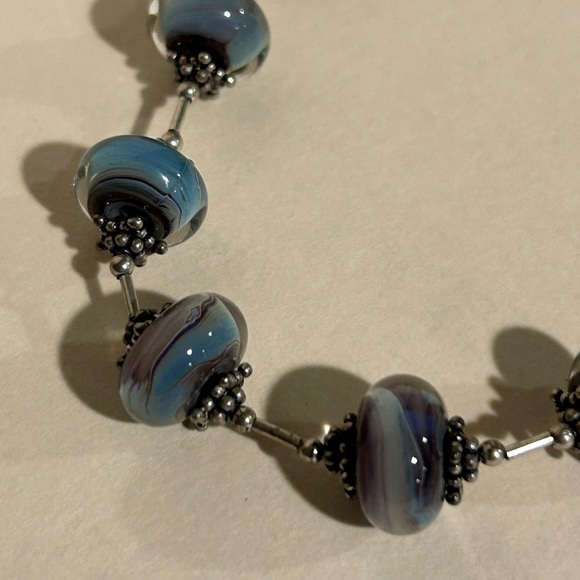 Blue and Silver Lampwork Glass Bracelet with Toggle Clasp - Picture 6 of 9